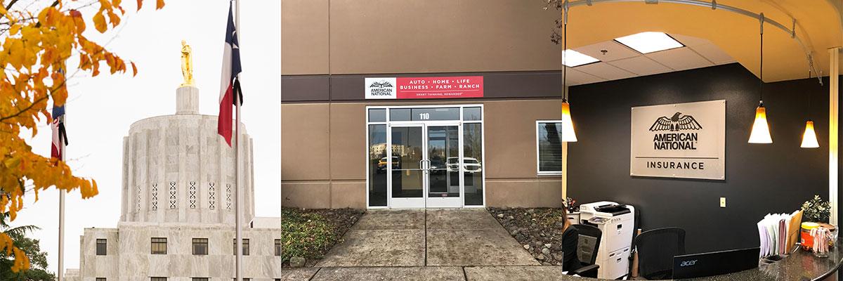 Oregon State Capital Building, Front of American Family Insurance office in Salem, Front Counter of Aaron Qualls Office.